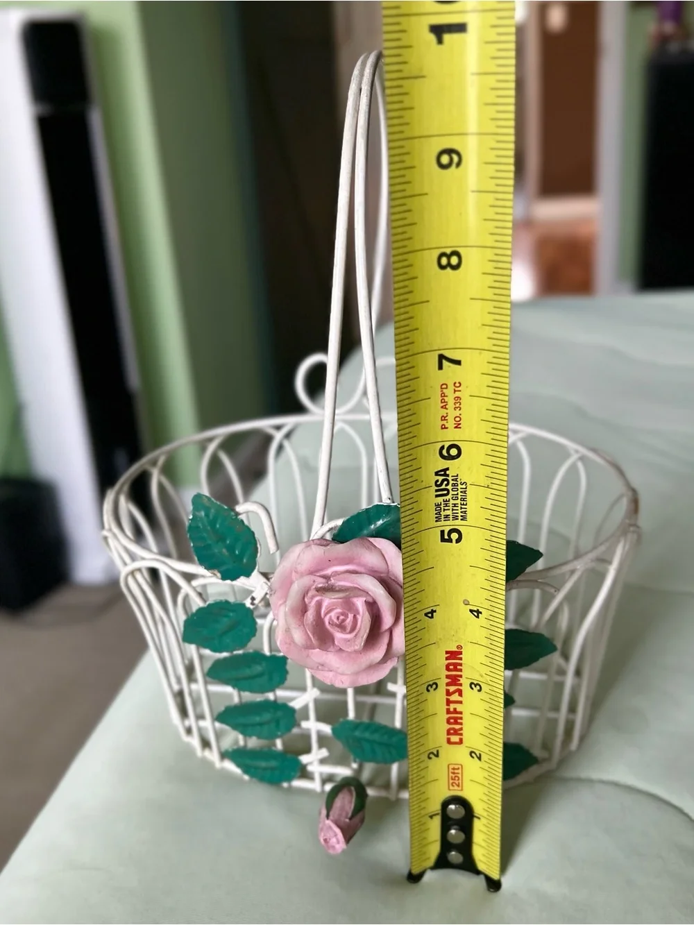 Vintage White Metal Basket With Pink and Green Floral Front